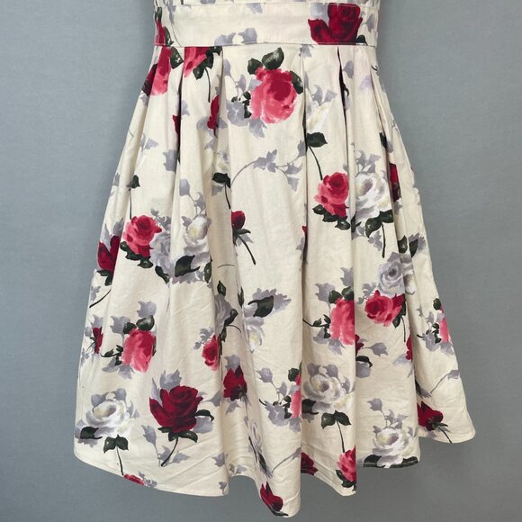Hell Bunny Eloise Mini Dress Rose Print Cream Bow‎ Adjustable Straps Sz XS Retro - Picture 5 of 12